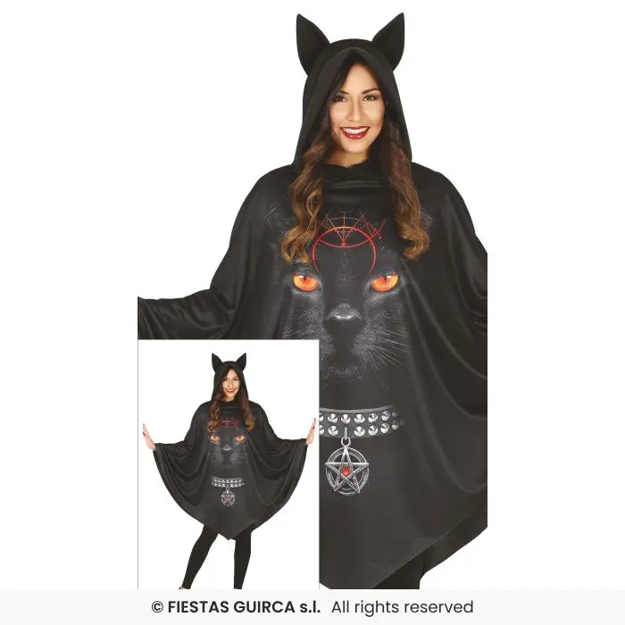COSTUME PONCHO NERO CON DISEGNO GATTO