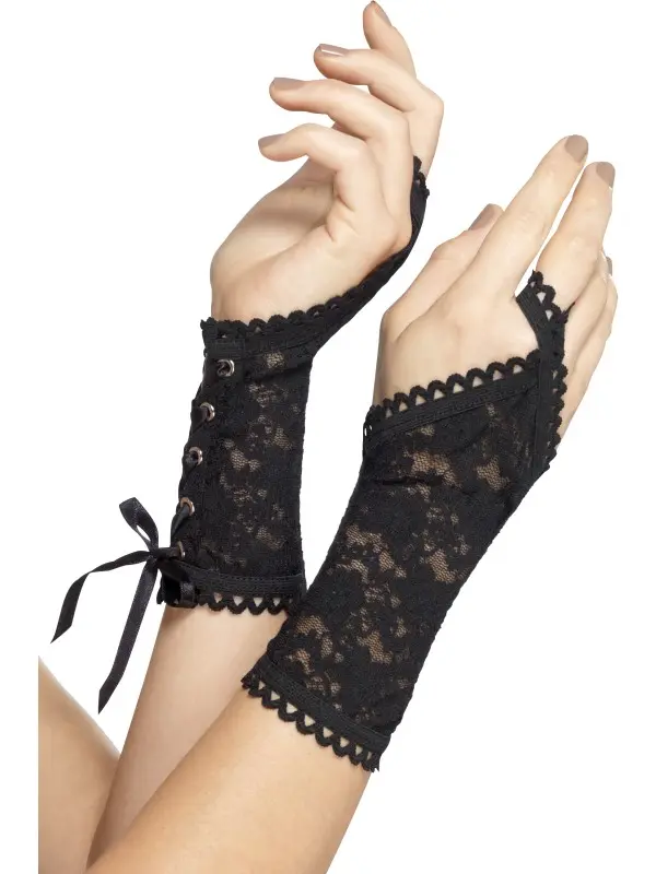 Guanti in pizzo nero con stringhe